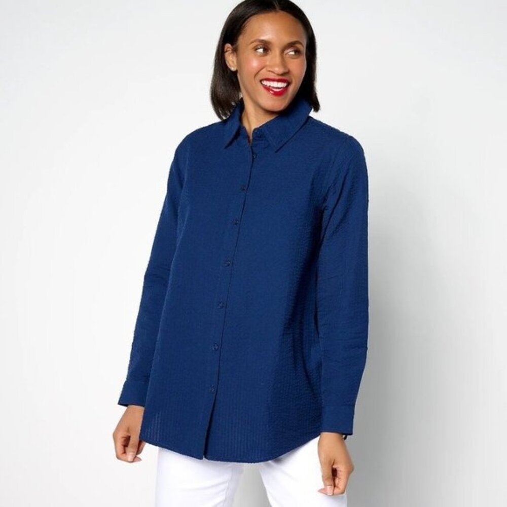 NWOT Joan Rivers Seersucker Button Front Shirt Navy Solid L